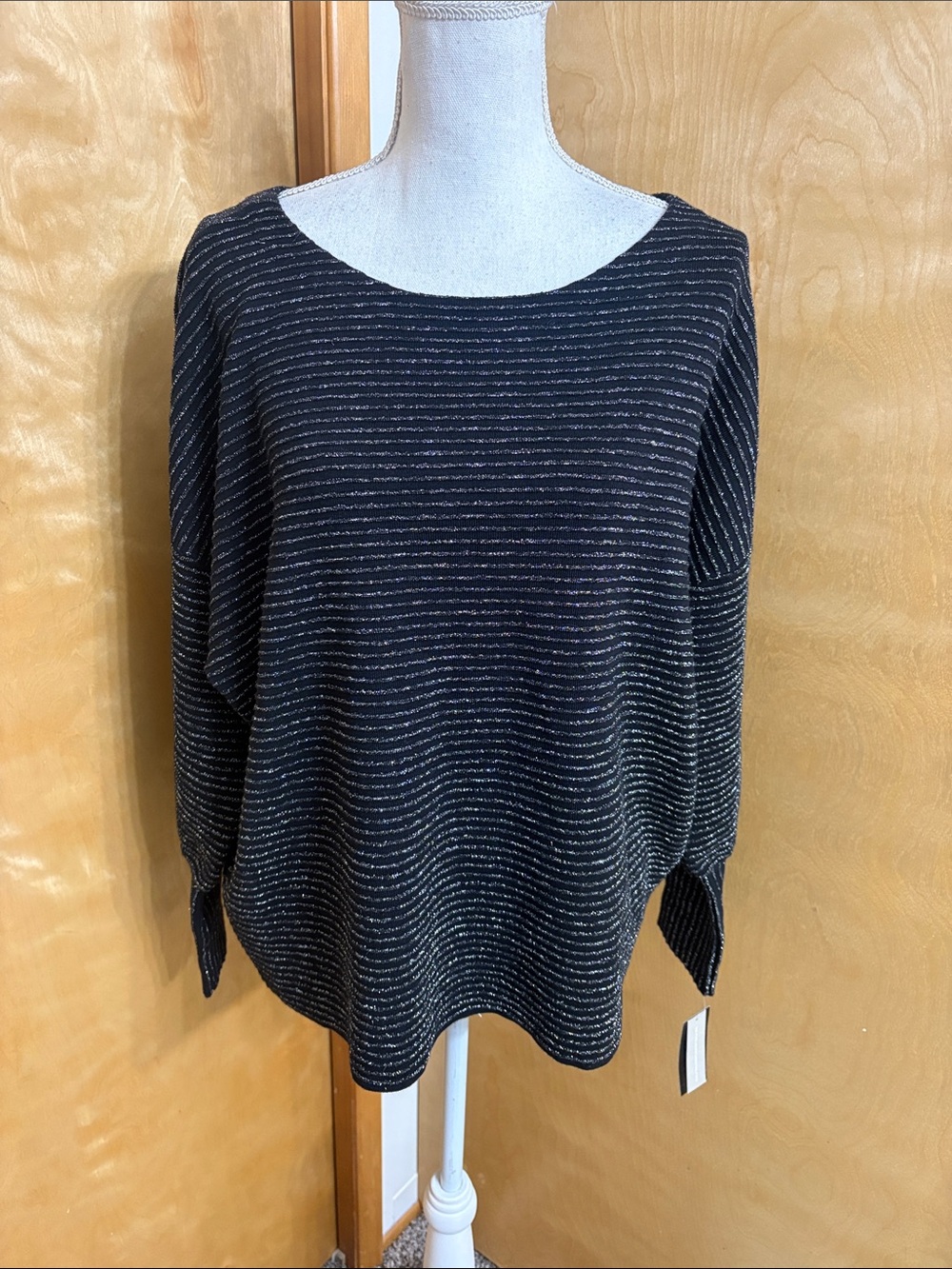NWT Alfani Deep Black With Silver Sparkle Stripes Sweater Size 1X